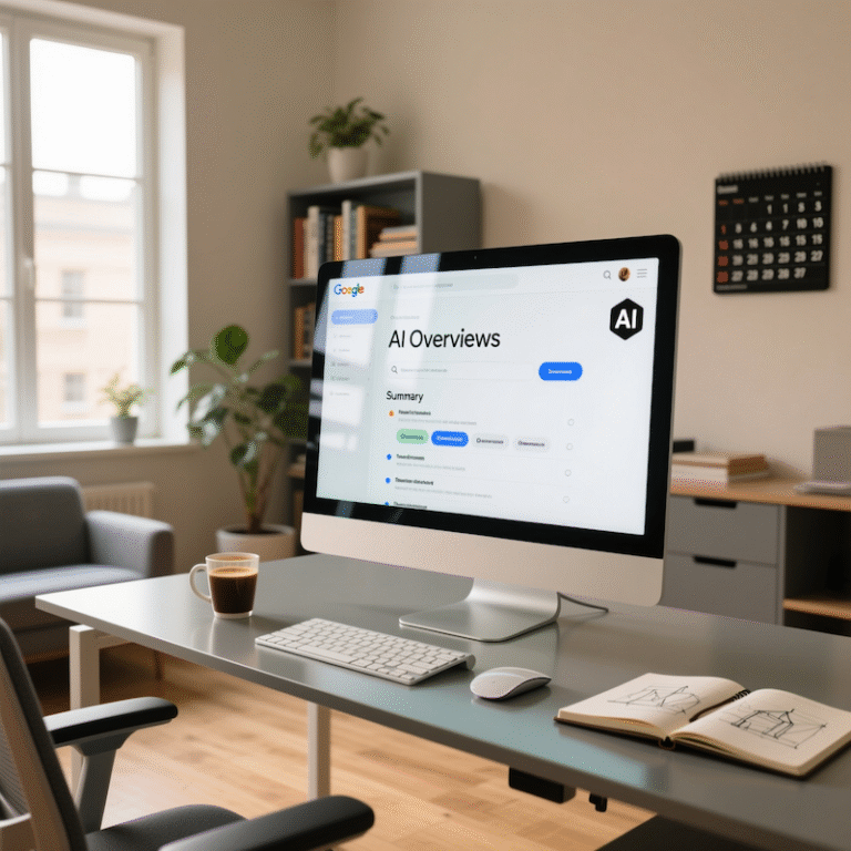 An office with a computer with the words "AI Overviews" in the screen. Marketing By Neffy