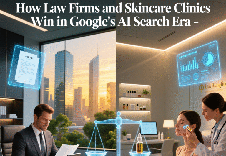 Split-panel illustration showing a law firm and a skincare clinic leveraging AI in Google’s search era. Left: A lawyer in a modern office reviews documents beside glowing digital scales of justice, with a city skyline at sunset visible through the window. Right: A dermatologist applies a skincare product to a patient’s face in a sleek clinic, with AI-powered analytics displayed on a floating screen above. The headline reads: ‘How Law Firms and Skincare Clinics Win in Google’s AI Search Era.